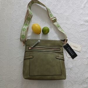 Le Miel Olive Green Vegan Crossbody Bag with Patterned Strap
